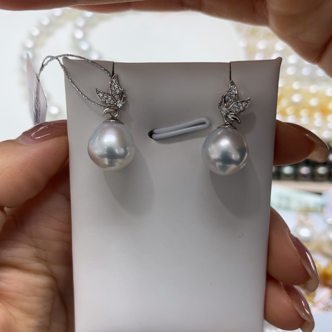 银S925镶嵌海水珍珠耳饰11-12mm