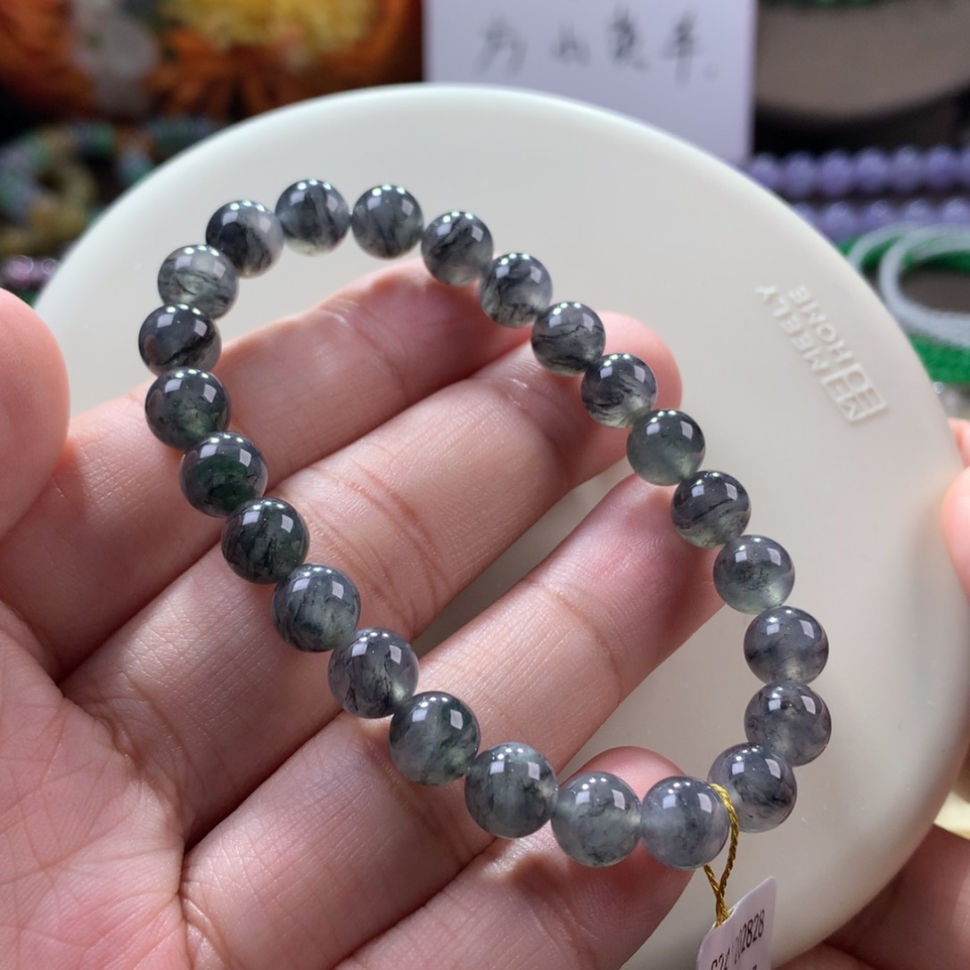 翡翠手链未镶嵌水墨画冰乌鸡卡7.4