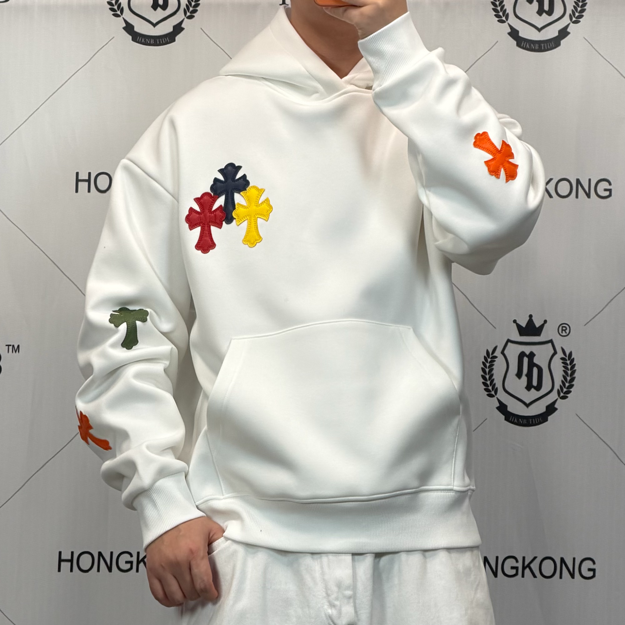 HK&NB x 彩色十字 爆款轻奢百搭宽松重磅刺绣连帽情侣刺绣卫衣