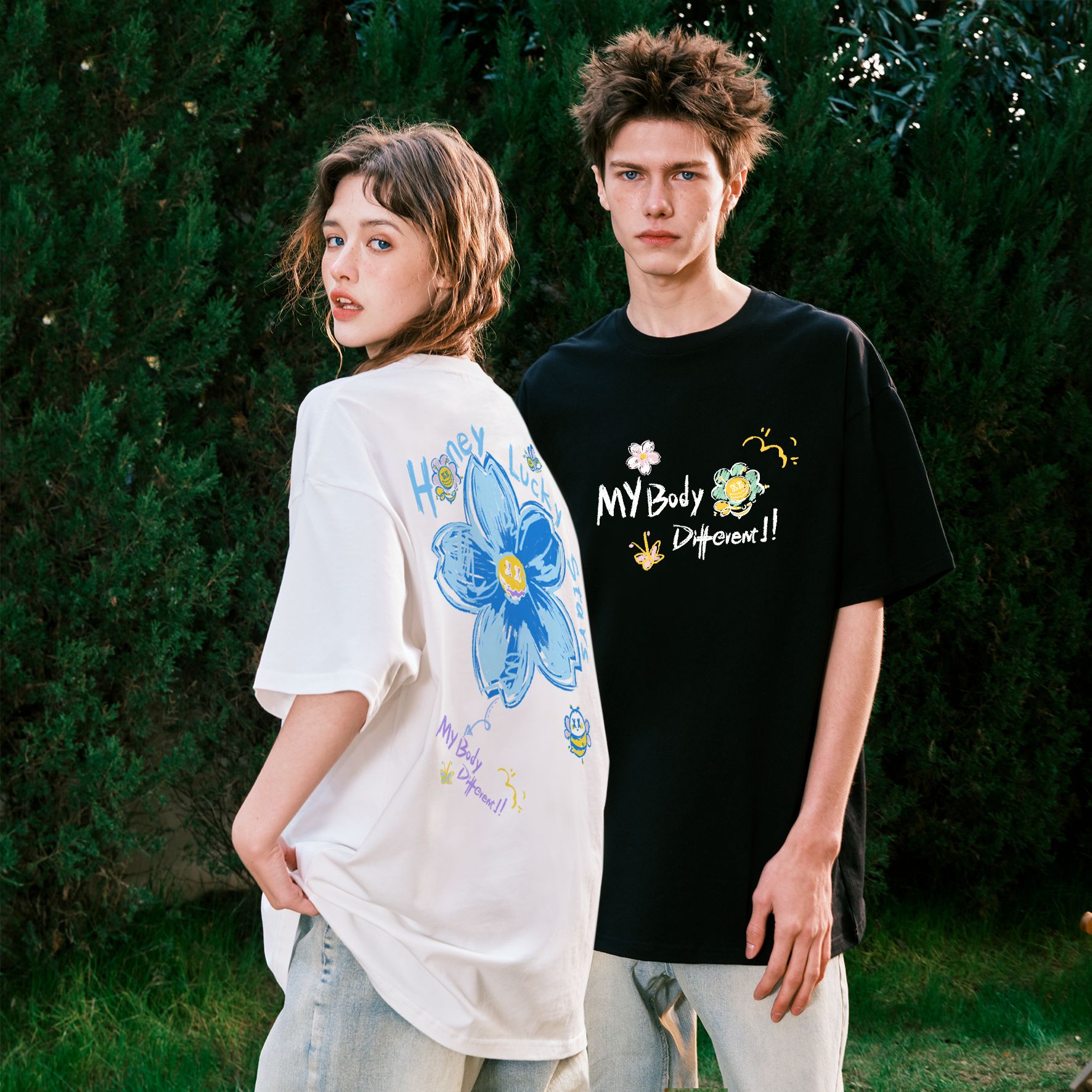 小恶魔樱花小蜜蜂短袖男女情侣夏季国潮休闲百搭宽松圆领t恤半袖