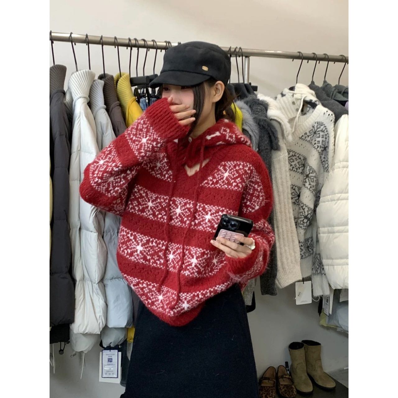 冬日时髦松弛感费尔岛提花V领长袖套头毛衣帽子可拆帽83030#0.13