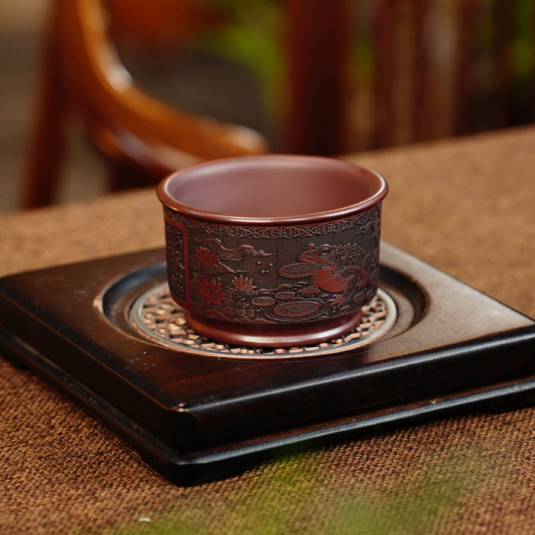 宜兴原矿紫砂茶具 全手工制作和气生财刻绘紫砂品茗杯