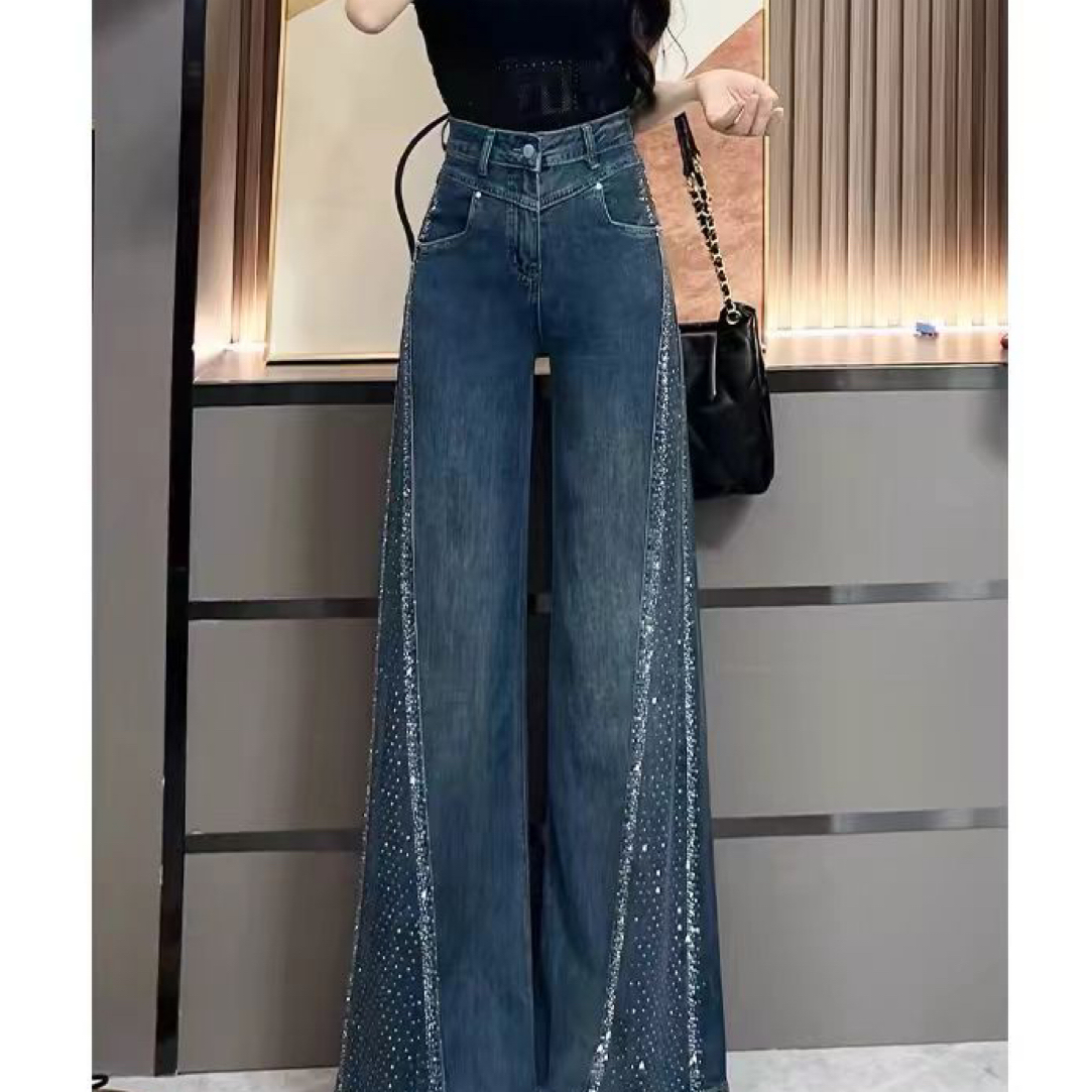 三姐家烫钻阔腿微喇水洗蓝直筒牛仔裤