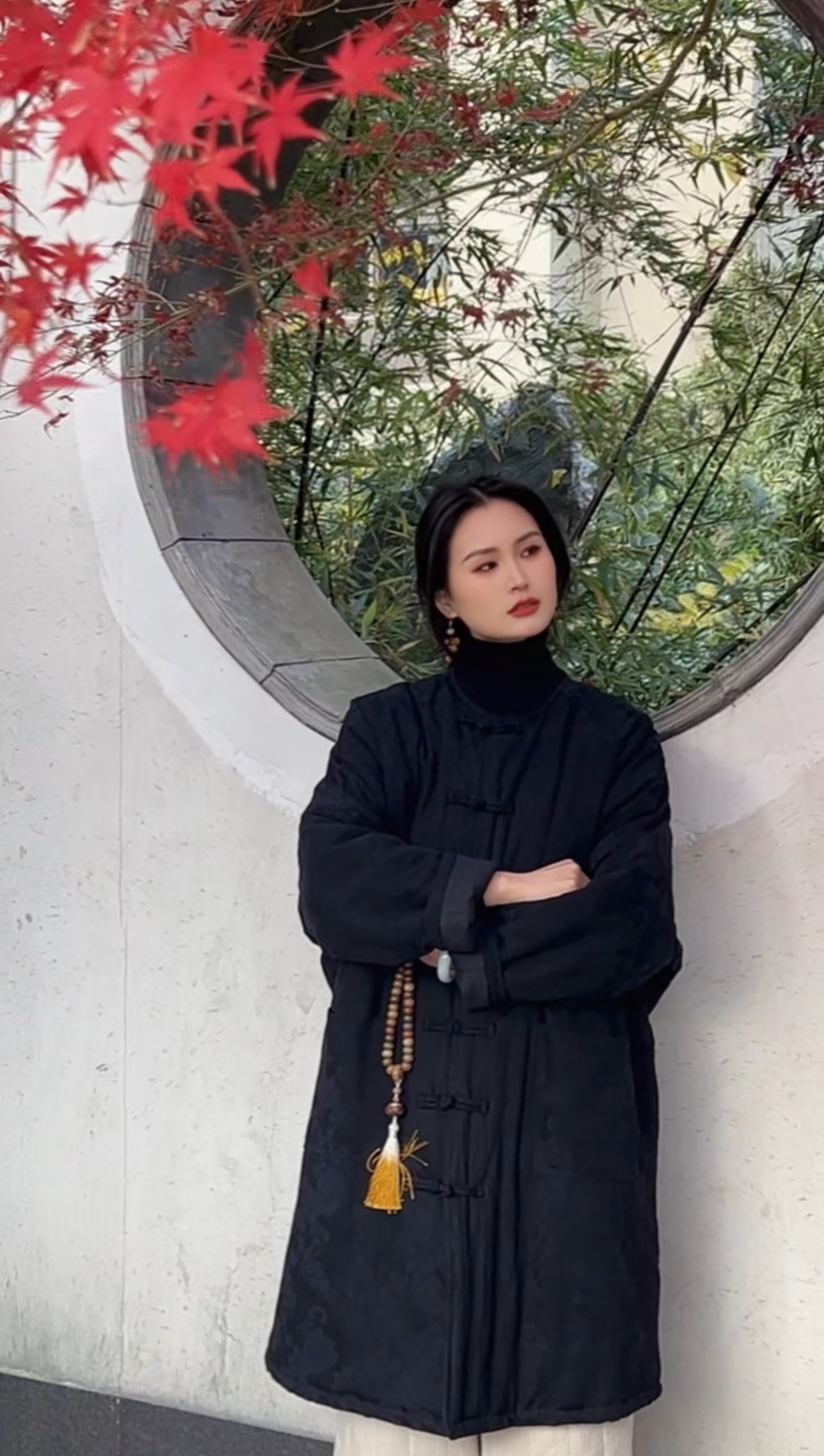 【清欢】新中式复古中长款提花宽松加厚保暖圆领气质棉服棉衣女