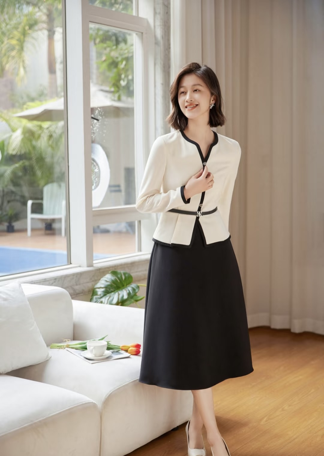 音家同款2025春新款醋酸小香风撞色方格肌理叠片收腰连衣裙