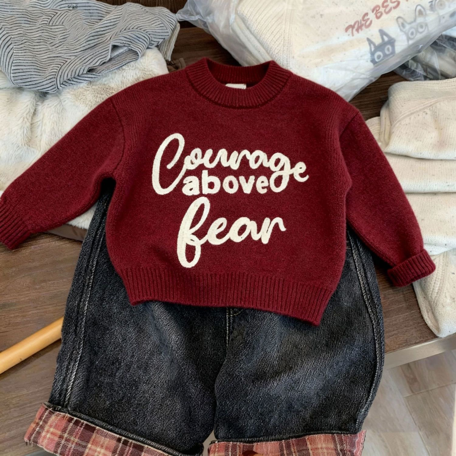 2025秋冬新款儿童红色毛衣洋气百搭男女宝宝提花字母针织衫保暖衫