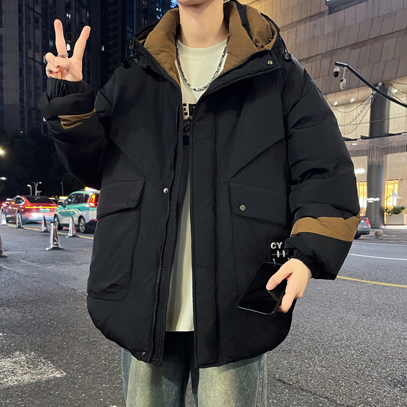 棉服男款秋冬季2025新款宽松连帽棉衣外套青少年撞色拼接防寒棉袄