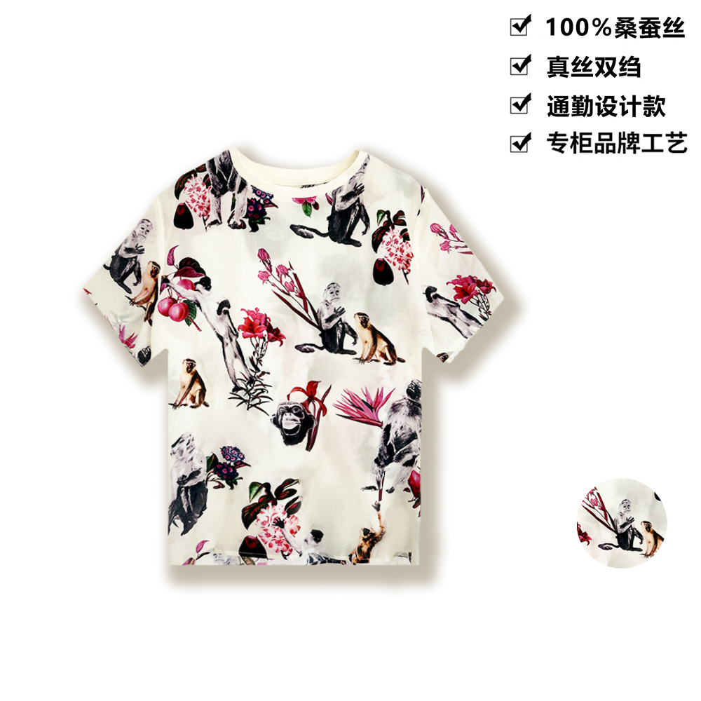 16姆米100桑蚕丝T恤创意时尚印花圆领短袖桑蚕丝上衣DXA26