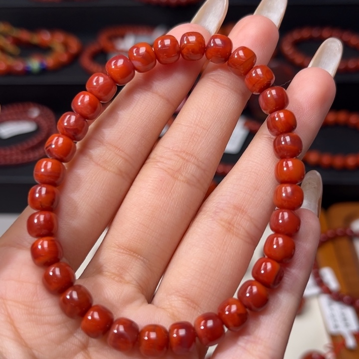 南红玛瑙未镶嵌手链柿子红玫红双色6.5+mm老型