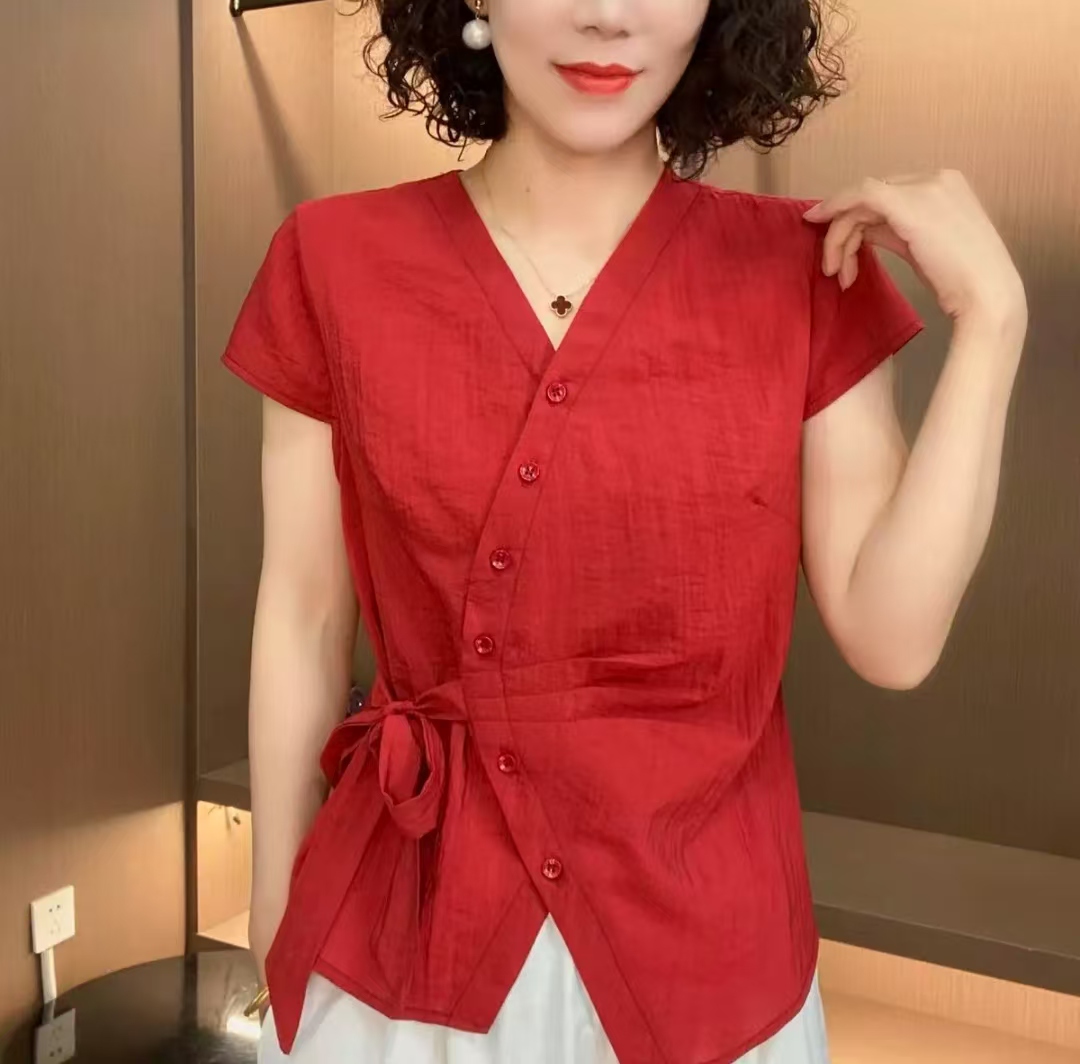 纯色系带V领显瘦短袖小衫2025夏小个子女装洋气减龄薄款上衣女56