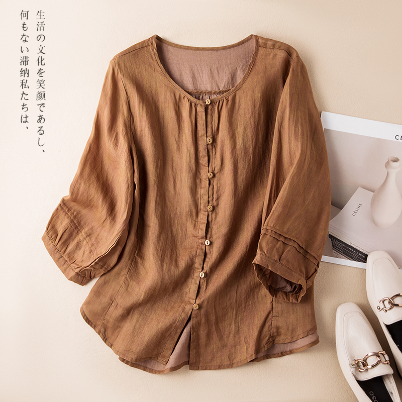 苎麻圆领衬衫女2025夏季新款复古文艺大码宽松显瘦休闲百搭中袖衣