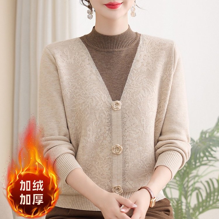 舒澜纳紫色加绒加厚V领毛衣中老年女士内搭针织衫上衣大码显瘦