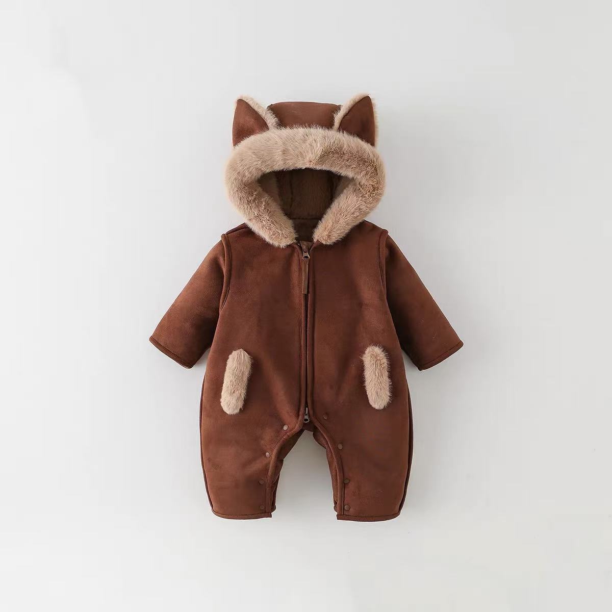 冬季长袖森系秋冬爬服麂皮绒连身衣加绒连帽冬装加绒加厚