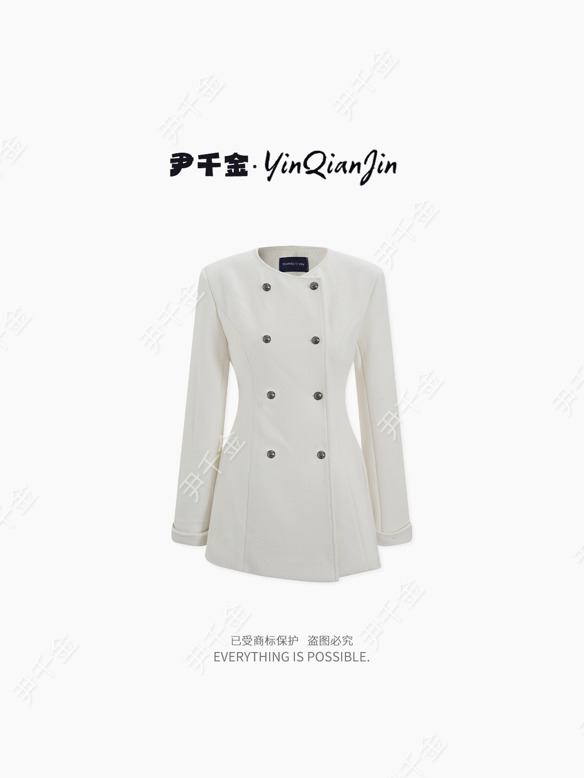 尹千金J【伯德千金】秋冬法式白色圆领收腰显瘦百搭女外套W257398