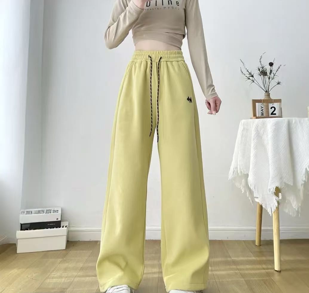 秋冬新款小狗刺绣彩色欧若风卫裤显廋高腰直筒抽绳女士运动裤
