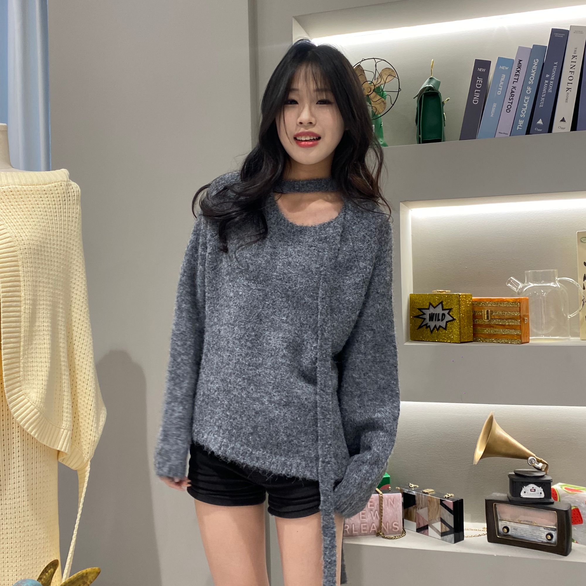 圆领薄款宽松毛针织衫套头纯色时尚上衣针织衫毛衣百搭