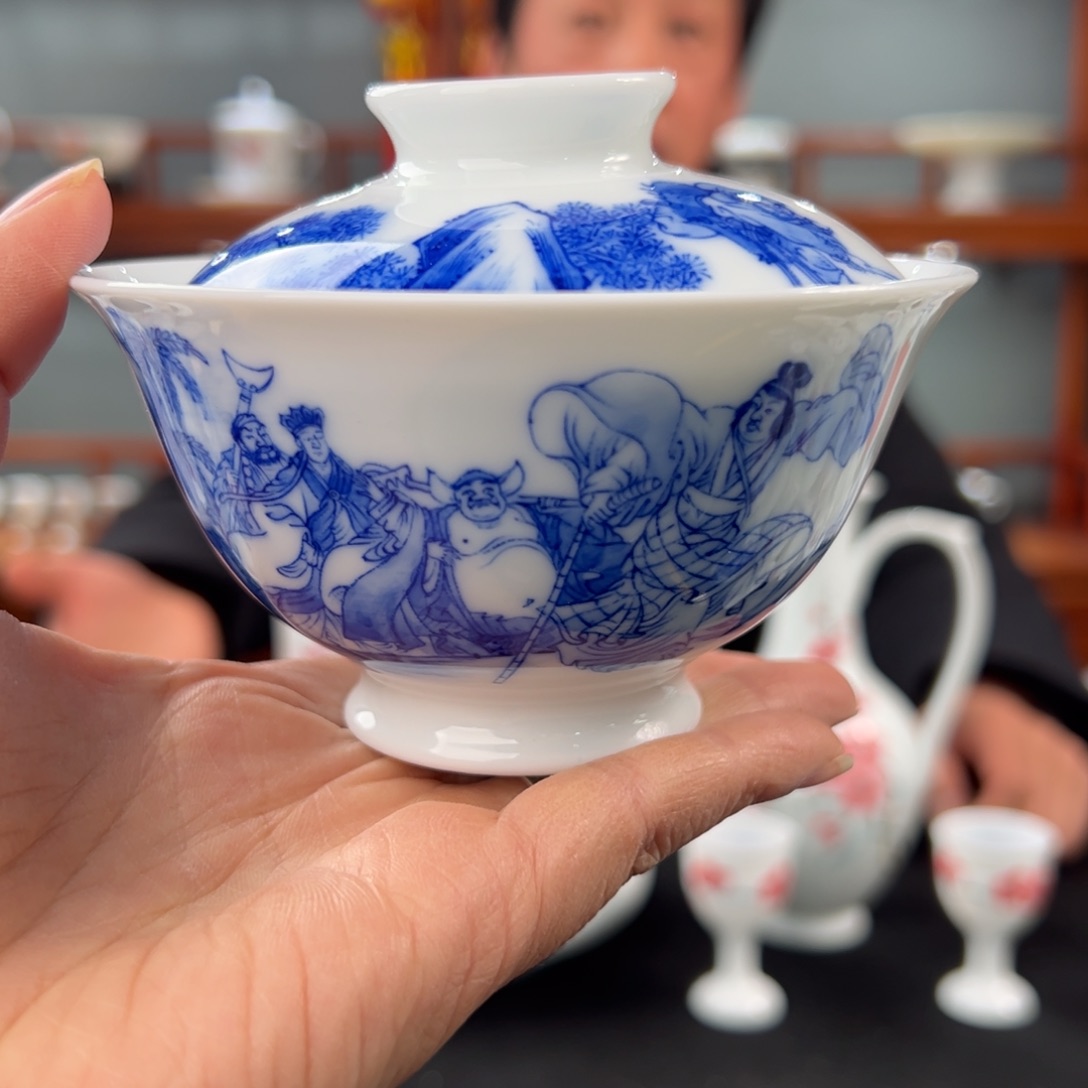 闫*柴窑青花人物西游记两才盖碗