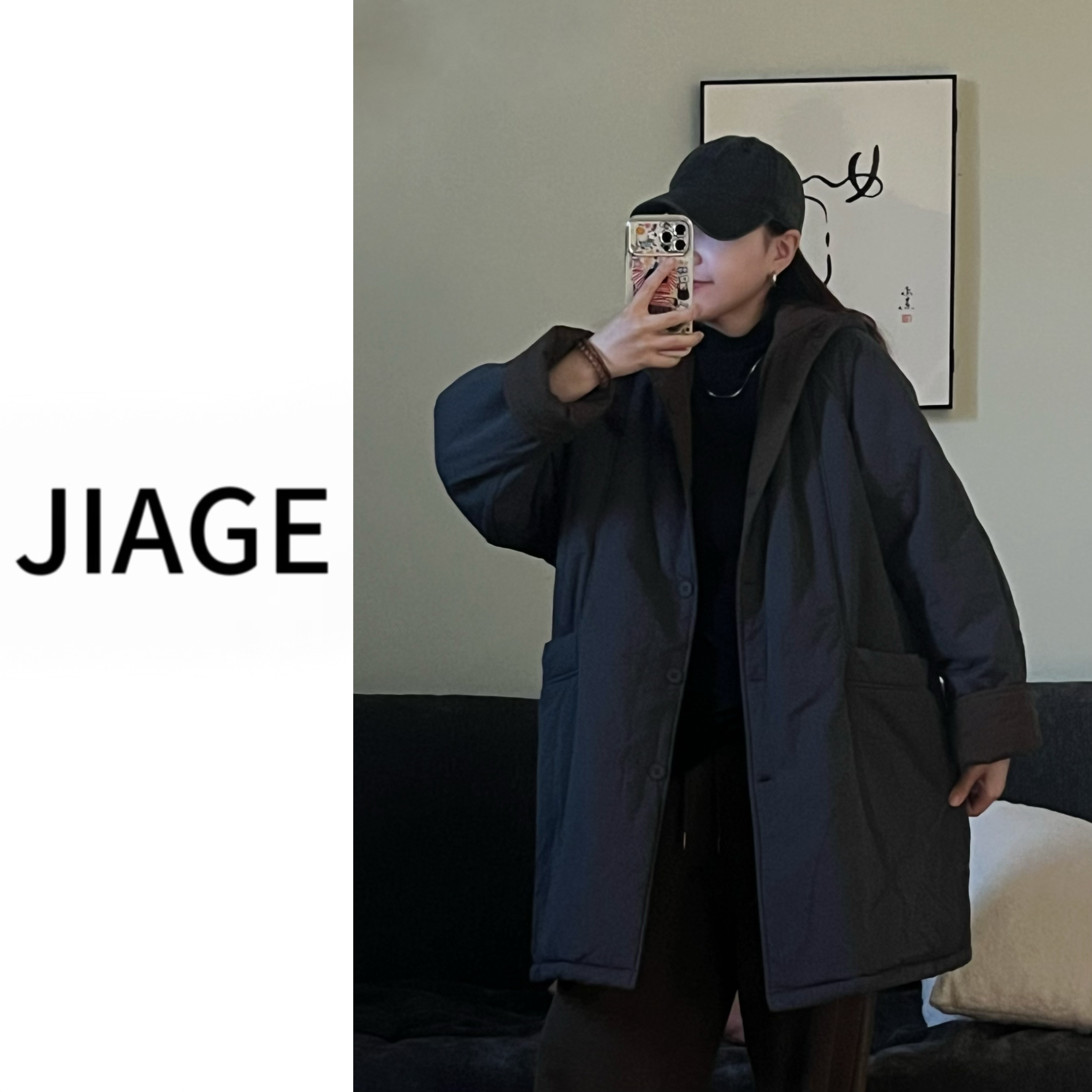 JIAGE-冬季新款双面穿大口袋连帽常规款中长棉服百搭洋气外套