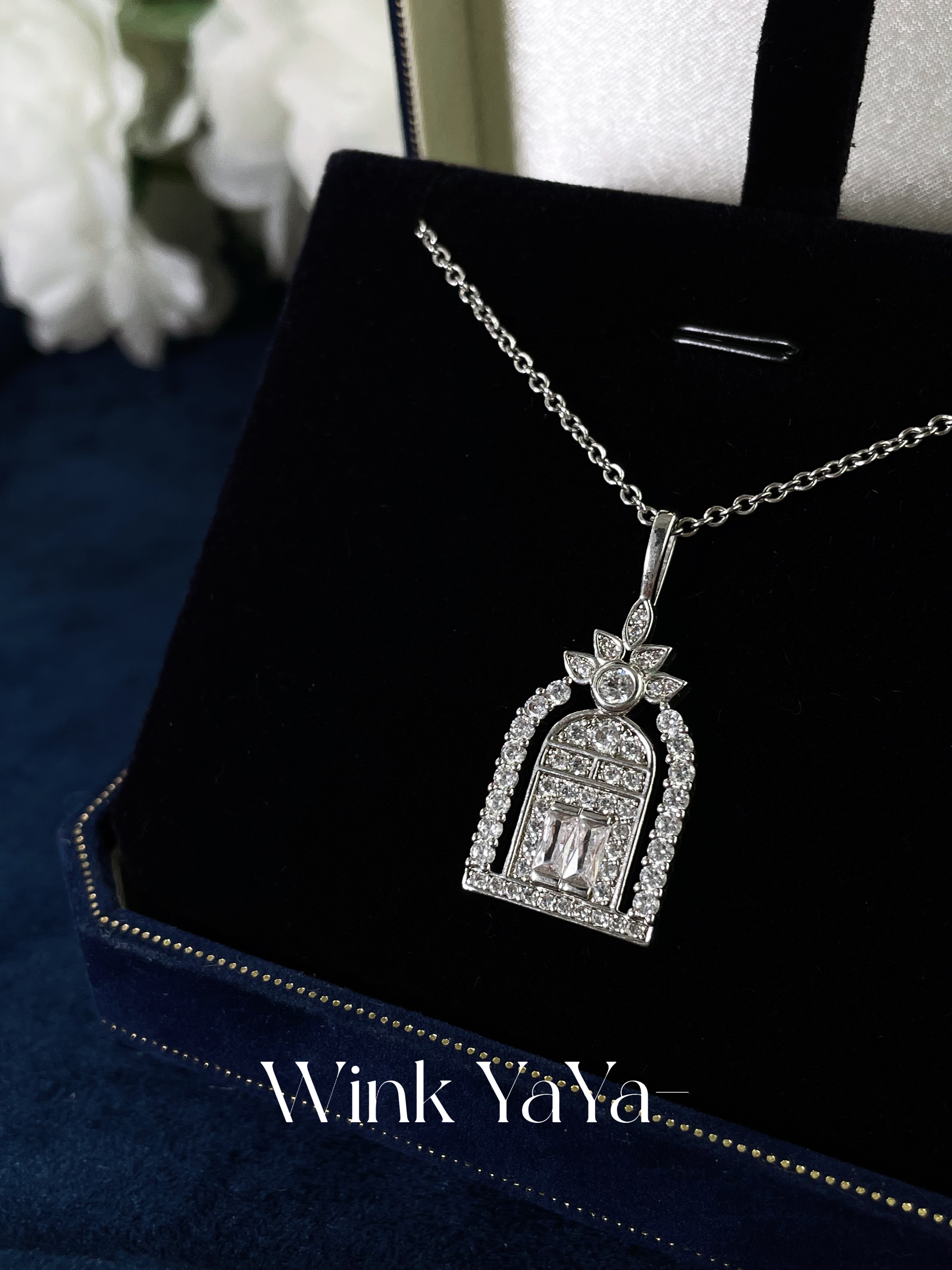 坠链均925银合成锆石 女款百搭时尚银色幸福之门项链AL222