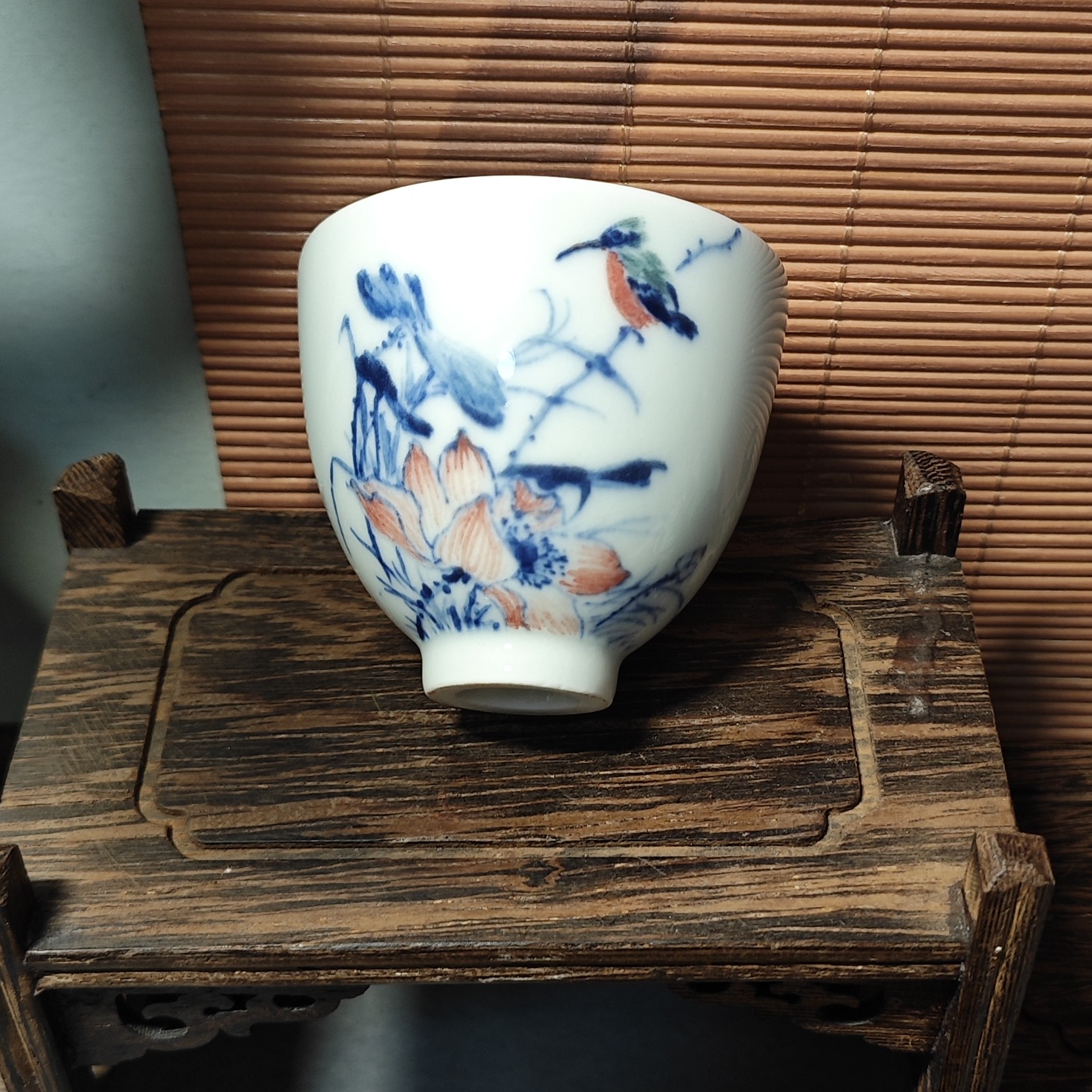 A15景德镇手绘青花花鸟加彩小写意茶杯