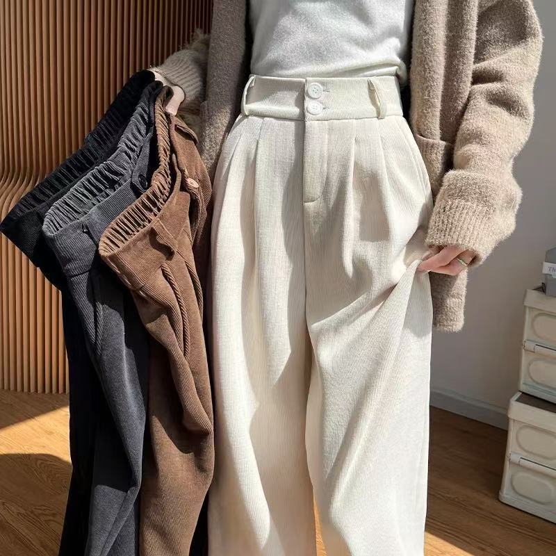欧棉绒阔腿裤女春秋季高腰垂感直筒显瘦2025秋冬加绒小个子休闲裤