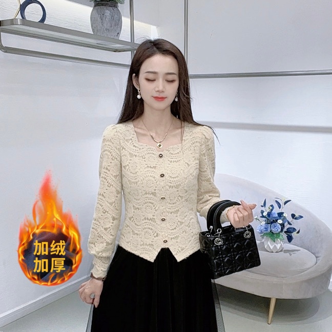 A9111洋气方领磨毛蕾丝衫女冬季新款法式显瘦减龄打底上衣