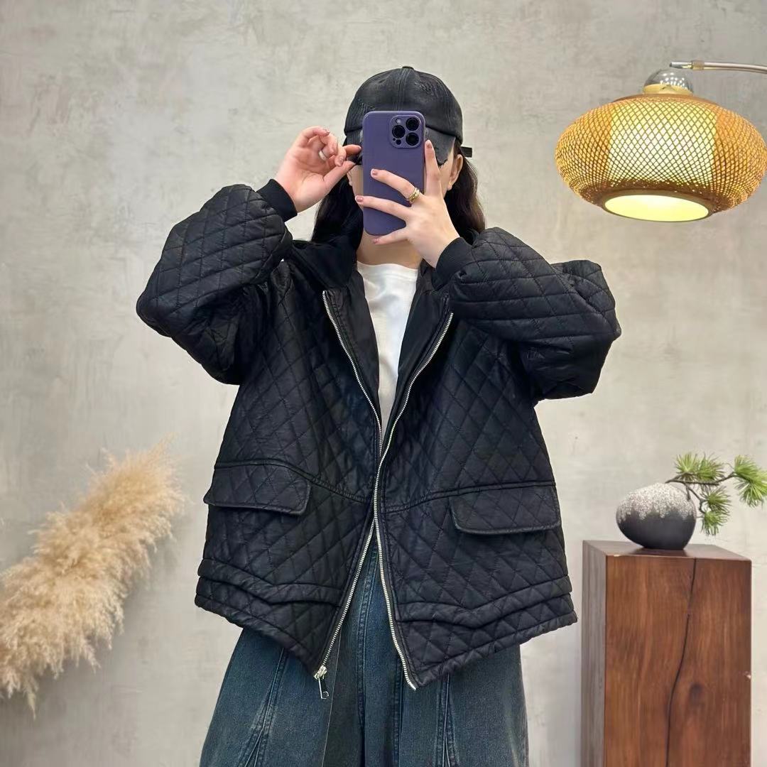 19528新款加绒加厚秋冬时尚菱格拼松保暖连帽皮衣棉衣