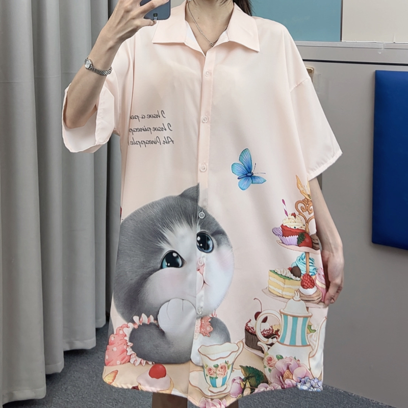 【编码018#托腮猫咪】睡裙女款夏凉感冰爽丝开衫衬衫睡衣家居服