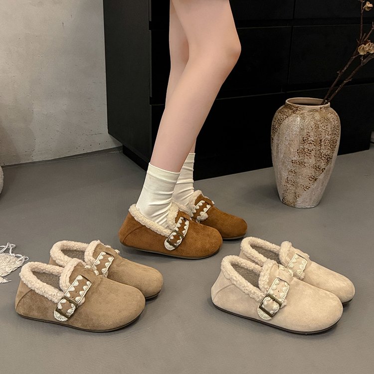 OJRZ韩版简约百搭刺绣花边搭扣女2025冬新款加绒保暖防滑勃肯棉鞋