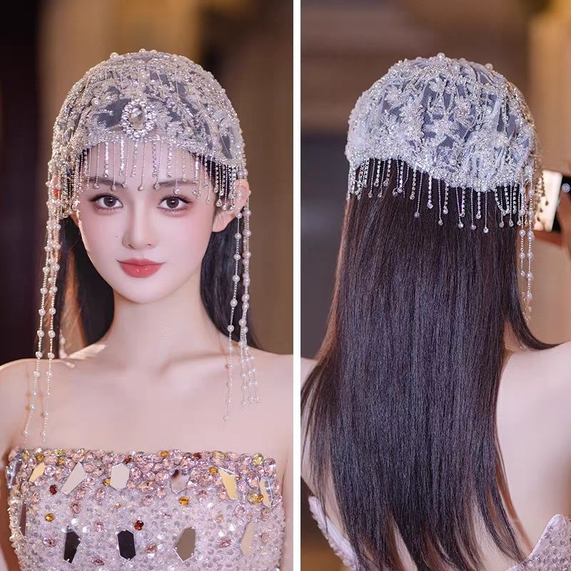 新娘发饰2025新款手工串珠水钻绢纱时尚帽子发饰水母流苏帽头饰品