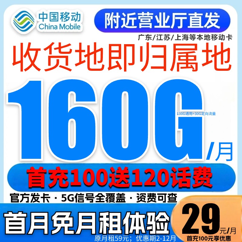 全网通手机卡中国移动超大流量卡推荐29元160g官方不限速电话卡GZ
