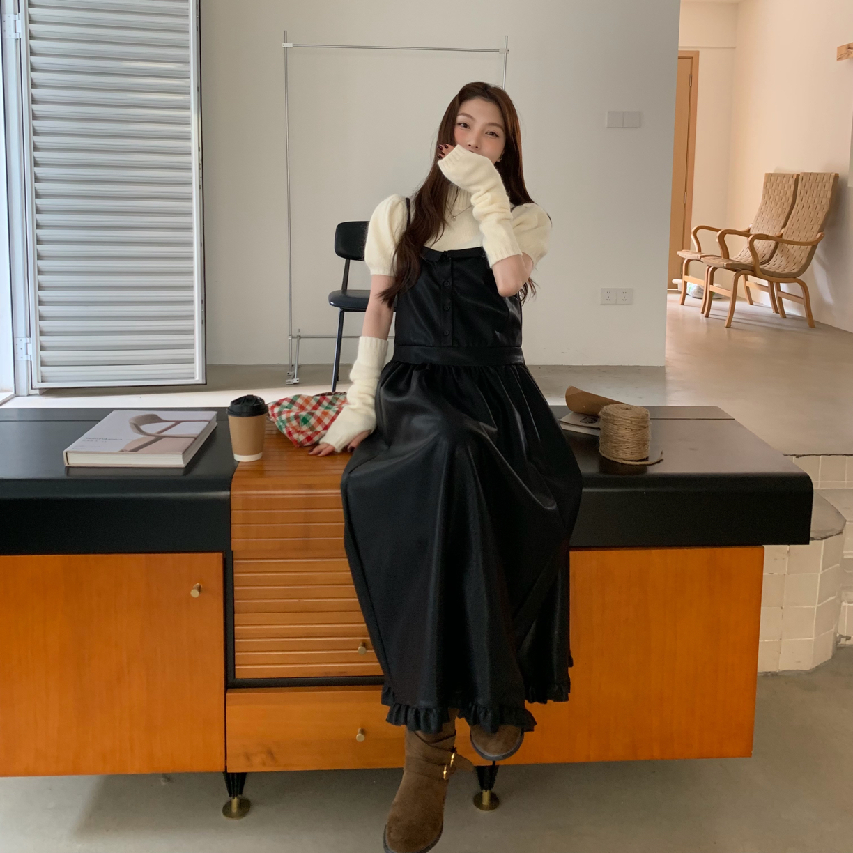 冬日夜曲～韩系复古设计感叠穿长款吊带连衣裙显瘦赫本风法式