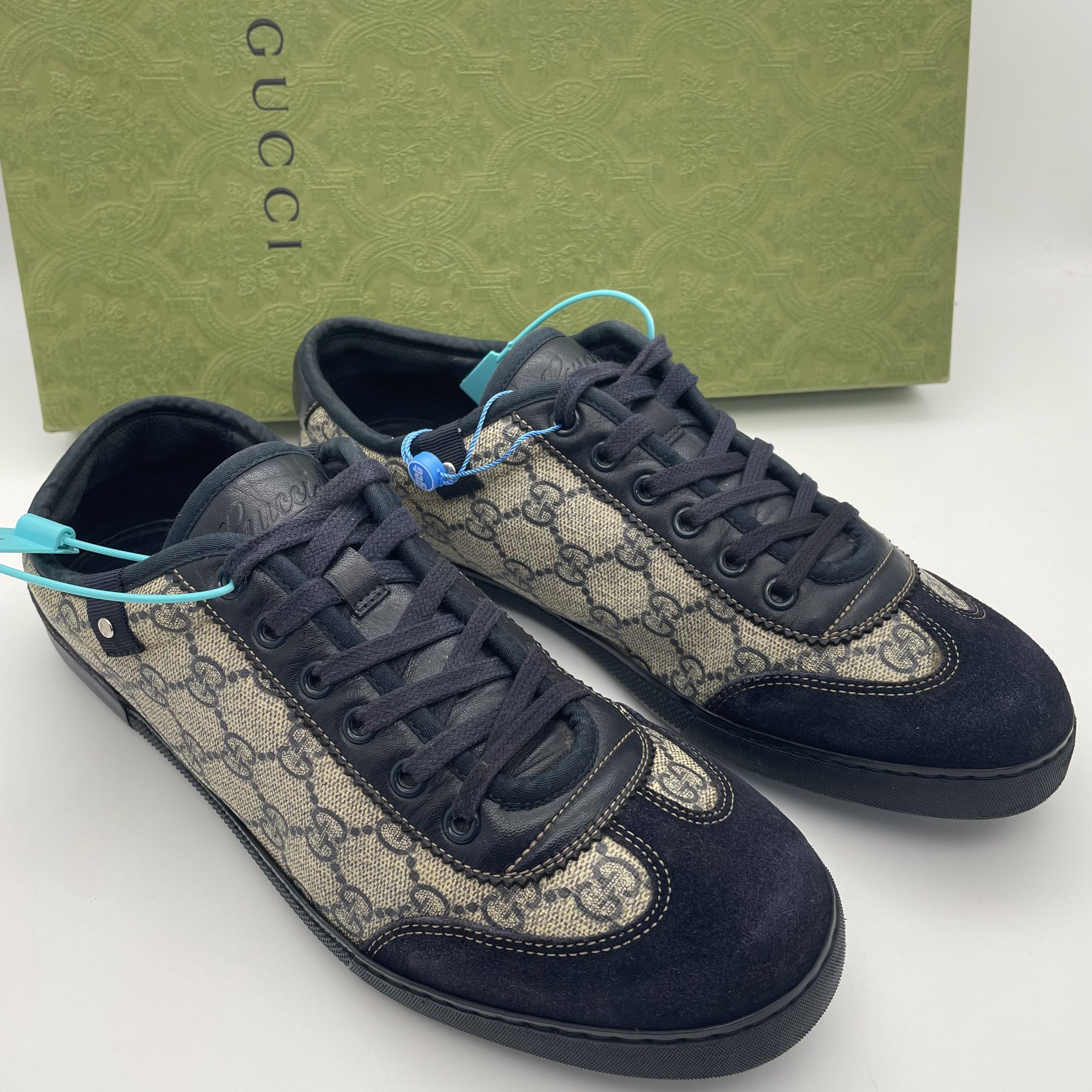95新 GUCCI/古驰 41.5欧码/海军蓝双G老花满印低帮休闲德训板鞋