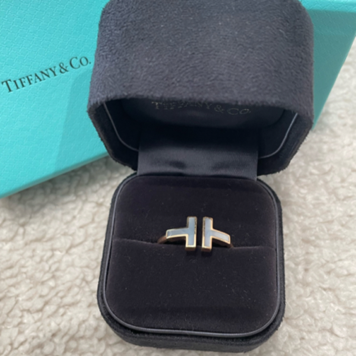 99新 Tiffany & Co./蒂芙尼 18k玫瑰金，白色贝母，双T戒指，54号