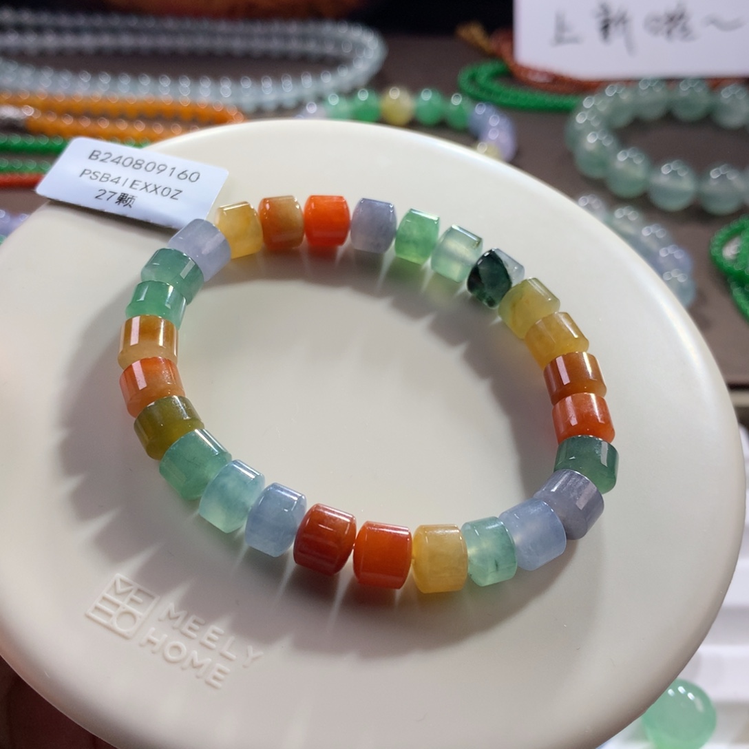 小***儿翡翠未镶嵌手链冰浓彩多巴胺彩虹桶珠 卡7.6~7.8