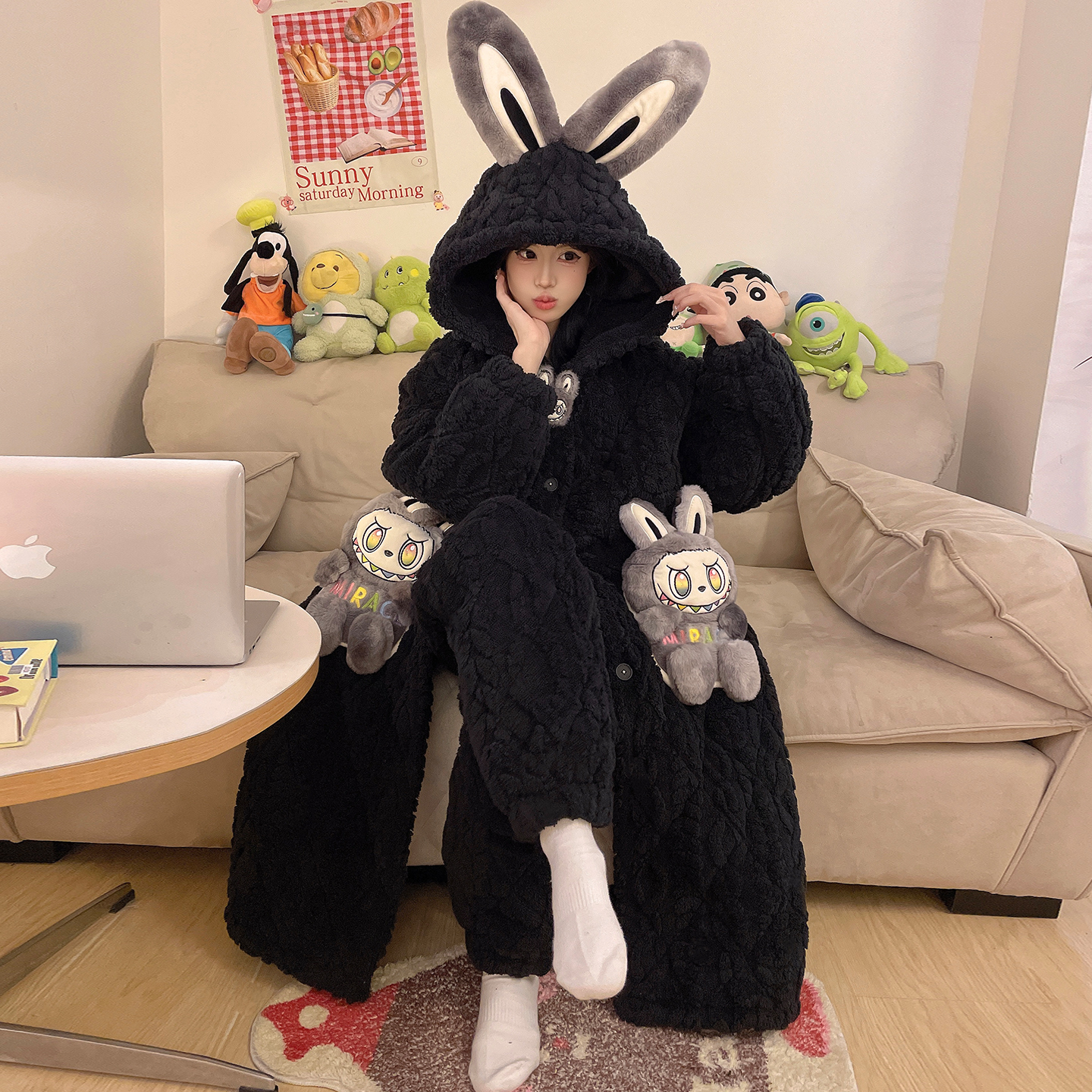 三层夹棉加厚加绒睡袍可外穿冬季睡衣女士卡通珊瑚绒家居服 9035