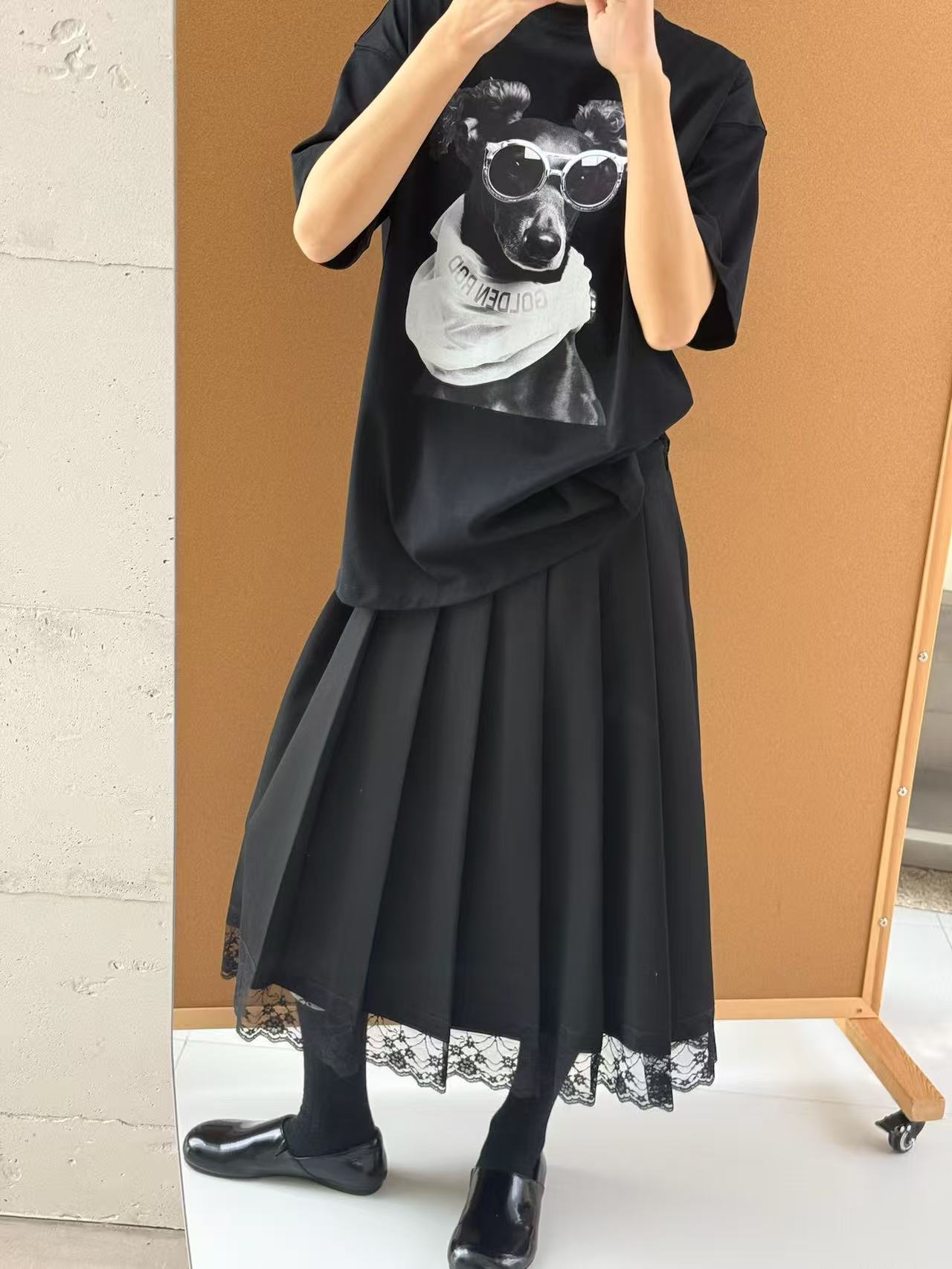 DEG 25秋冬 91857  蕾丝百褶裙半身裙纯色百搭显瘦女士黑色