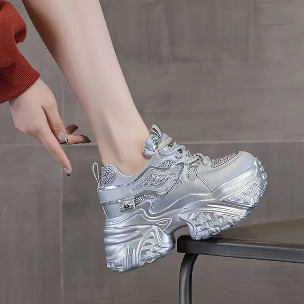 厚底老爹鞋女款2025春夏新款水钻保暖内增高女鞋百搭运动休闲鞋子