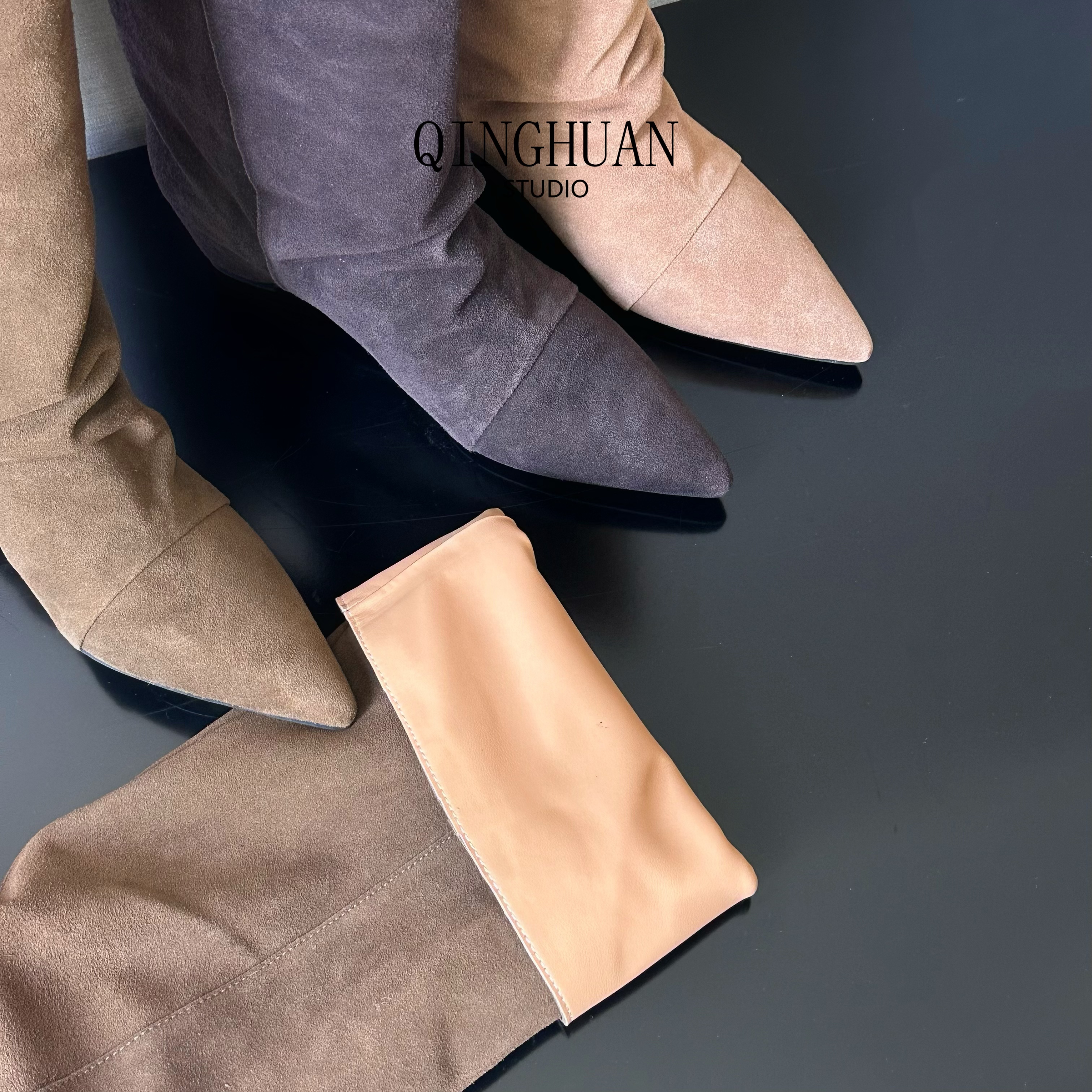 【清欢2店】藏肉褶皱显腿直不累脚及膝靴 | 尖头百搭例外真皮  |5cm