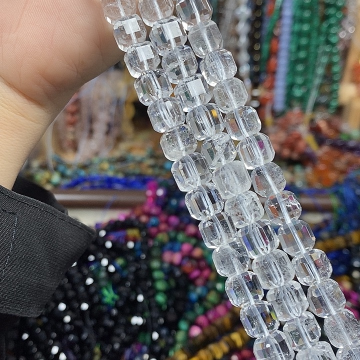 玛瑙/玉髓未镶嵌珠宝半成品天然白水晶切面方糖卡8mm一条