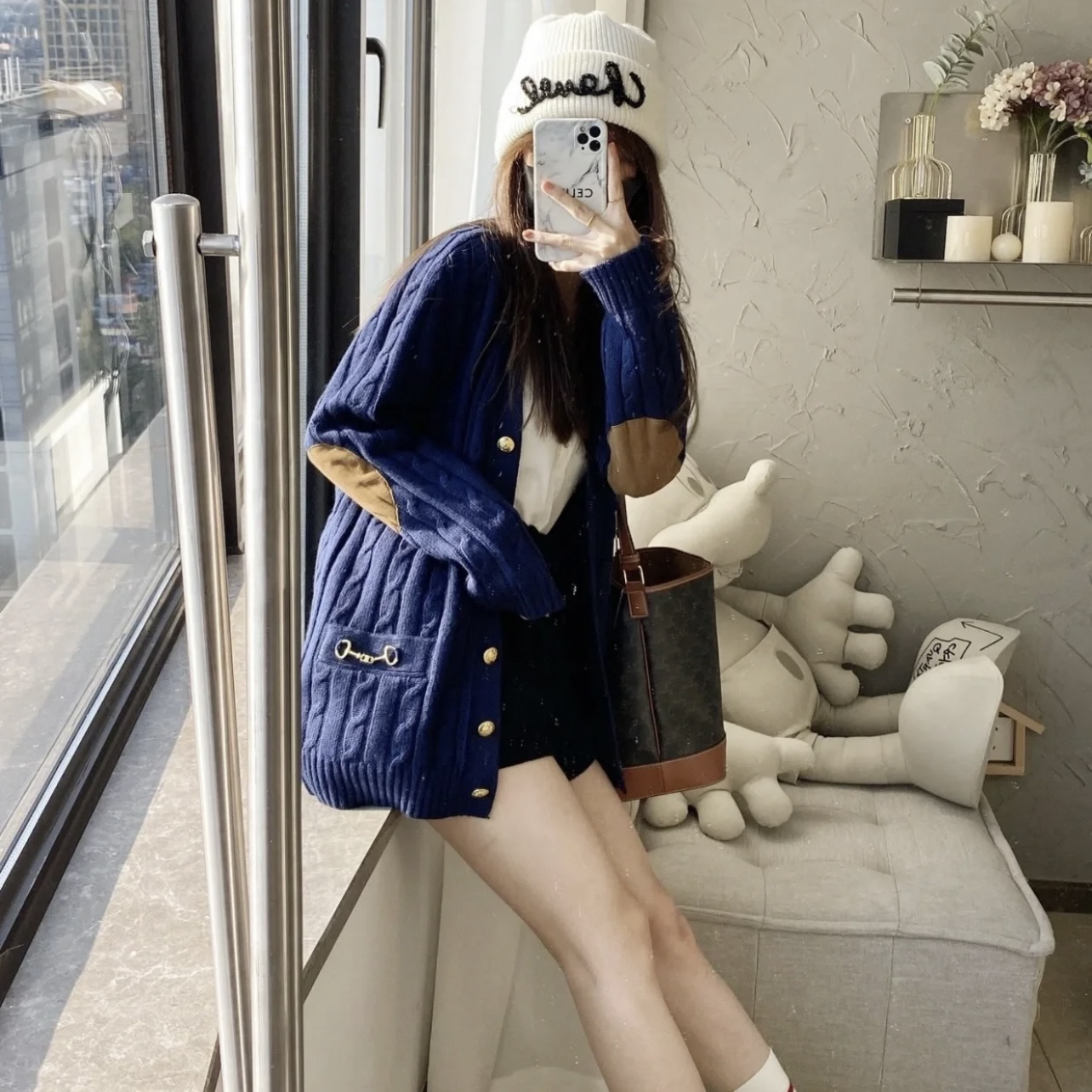 99新 Celine/思琳 bk211 金链图案单排扣长袖羊毛衫开衫 s码