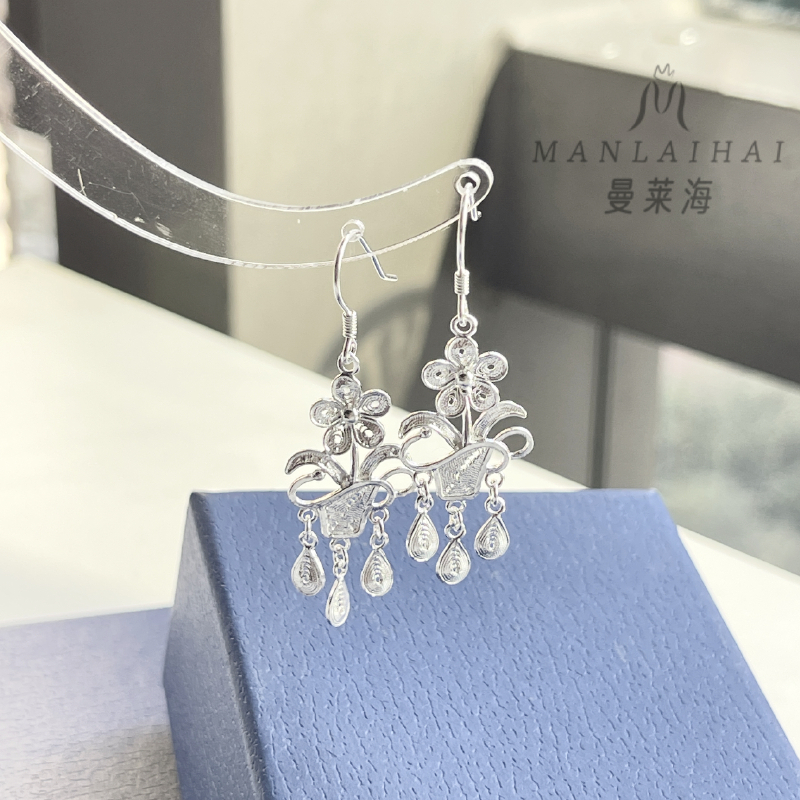足银耳饰 花丝花瓶流苏耳钩素款气质耳吊轻奢礼物节日手工女秋冬