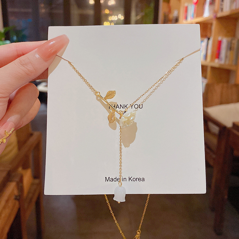 钛钢铅玻璃吊坠 韩国新款小清新玫瑰花钛钢项链ins潮简约长款流苏