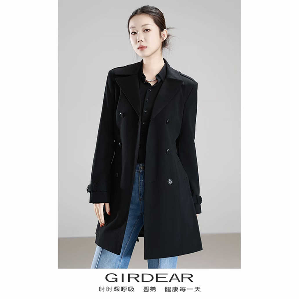 GIRDEAR/哥弟通勤女装春秋面弹英伦双排扣风衣外套140006中长款