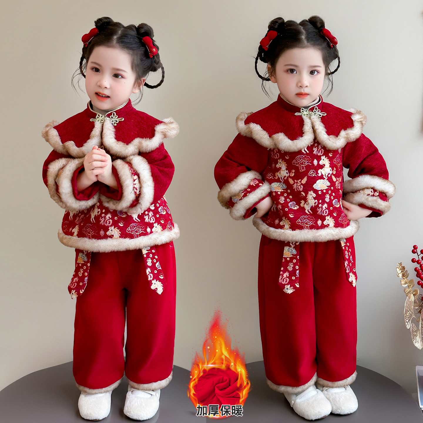 洋气时髦女童冬季唐装套装红色加棉加厚秋冬小女孩新年衣服拜年服