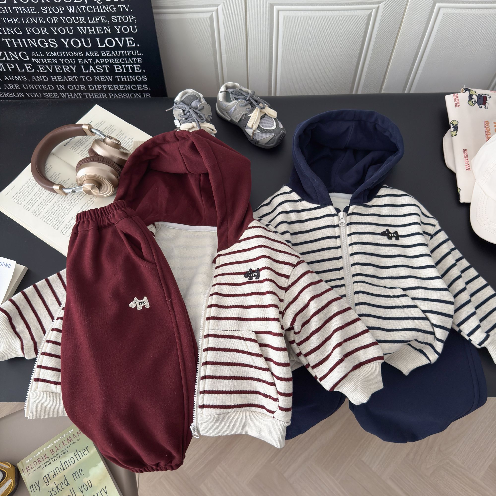 加绒新款儿童连帽卫衣套装开衫卫衣洋气运动风休闲外穿卫裤两件套