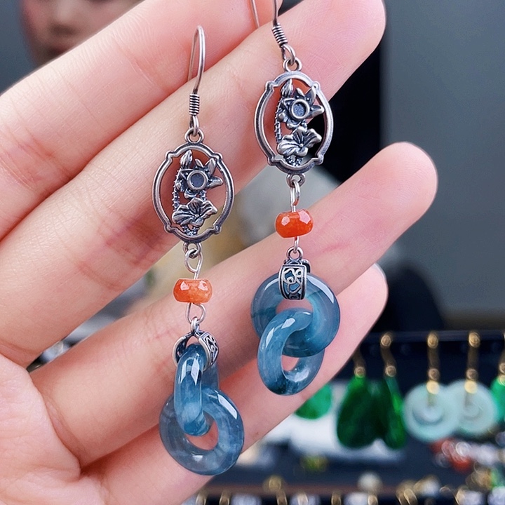 翡翠耳饰银S925镶嵌饰品