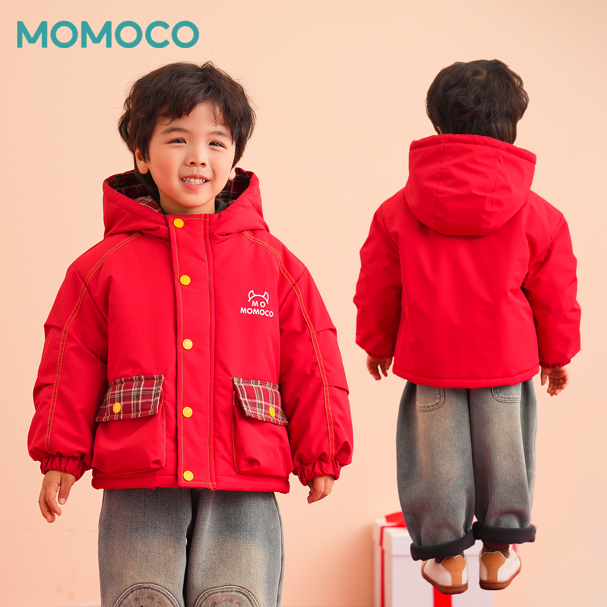 MOMOCO男童冬季新款百搭休闲加厚外套连帽保暖上衣77430138023