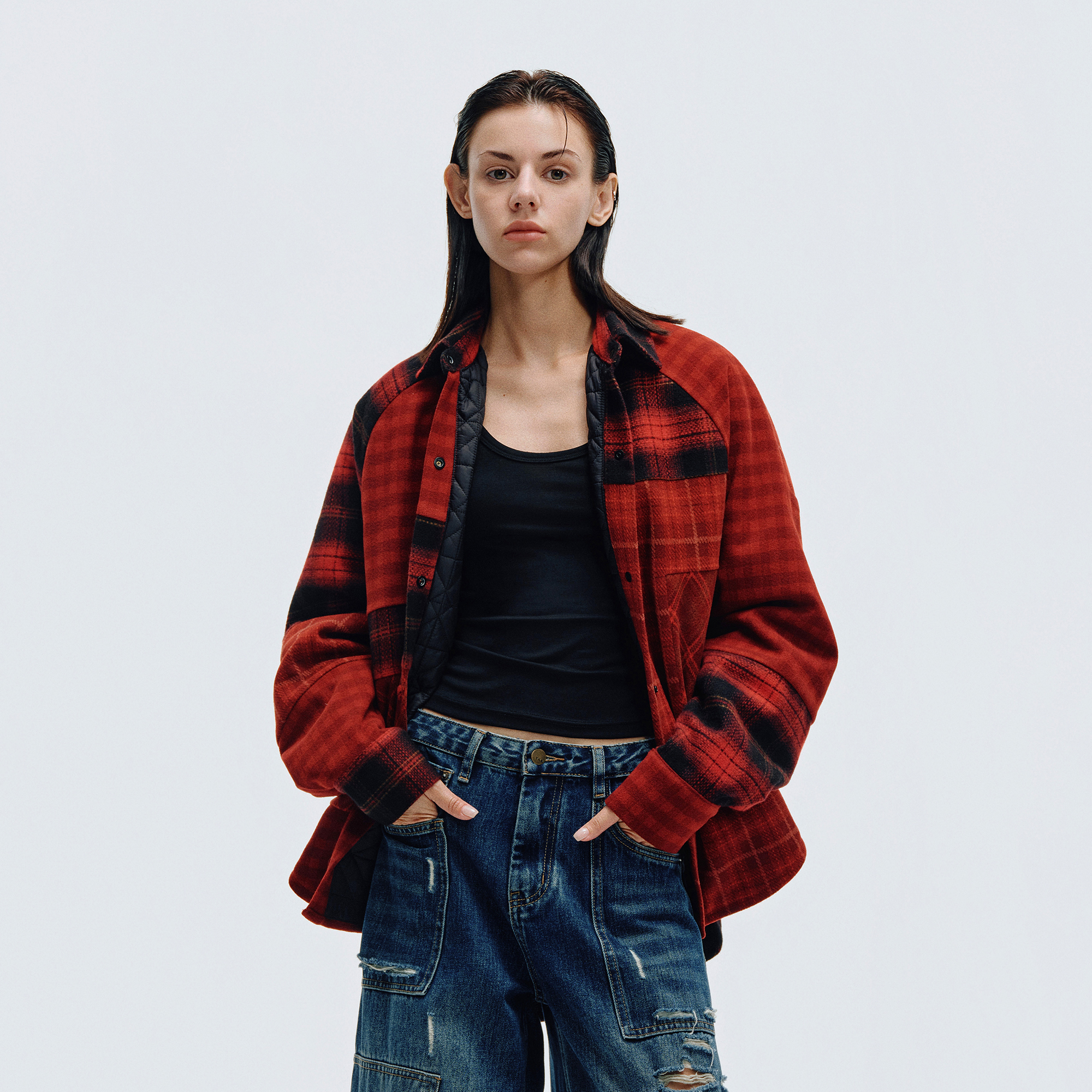 HAHAHA红格子拼接衬衫棉服宽松INS慵懒感男女同款1620