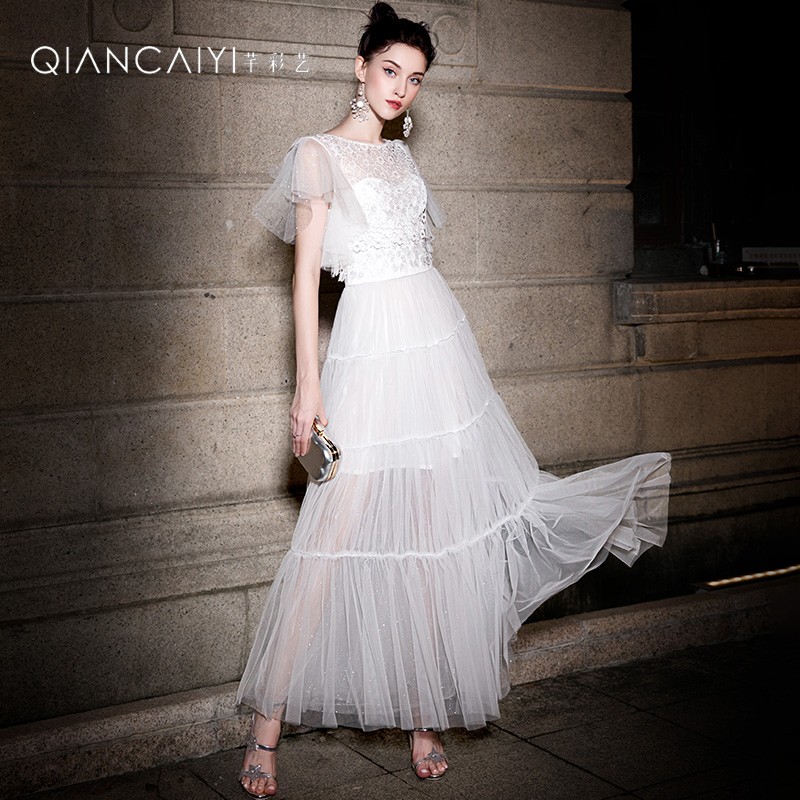 【彩轩】Y20010长款显瘦蕾丝春夏仙女透纱设计师礼服女中长款